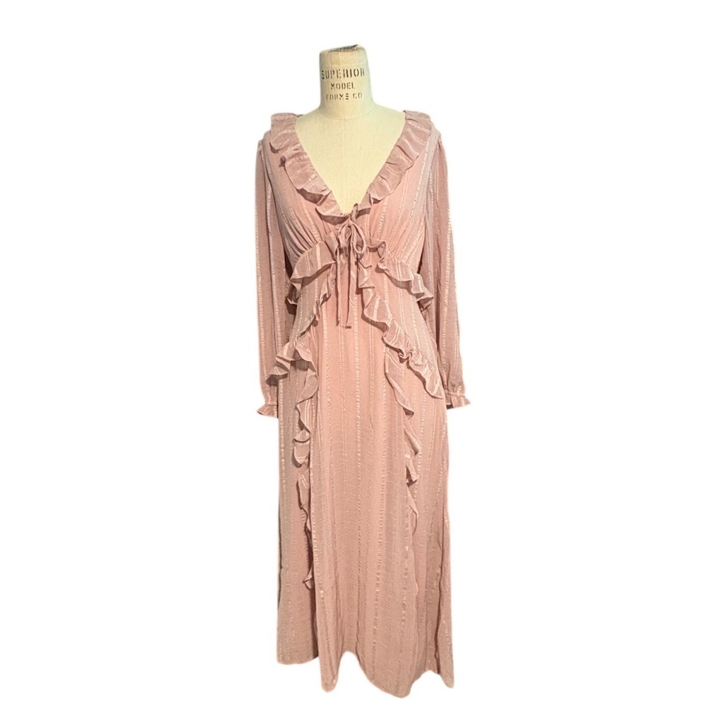 Storia Blush Pink Ruffle Stripe Maxi Dress Women Small NWT Wedding Coquette